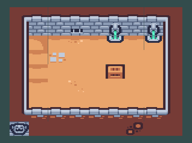 An image of a pixellated square dungeon containing a couple of fountains, some stones and a box. Clearly the dungeon is composed of tiles, because you can see tearing between some of the tiles: thin lines where the dark turquoise background cuts through the dungeon image. Some of the flooring is also renderered using un-rotated tiles, causing some odd, dark lines of shadow in the top-left corner.